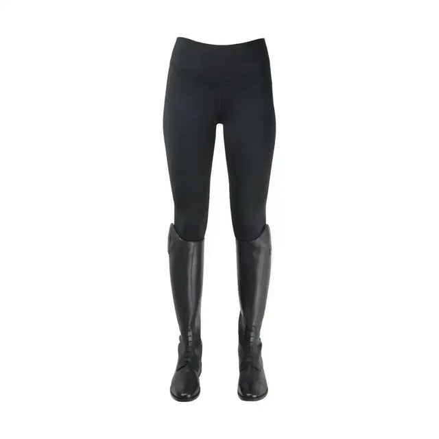 Black oslo softshell riding tights with brushed fleece lining paired with black leather boots for riding use