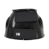 Black plastic hy equestrian over reach boots with two horizontal straps for horses hoof protection