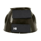Black plastic hy equestrian over reach boots with two black velcro straps and white hy logo for horses