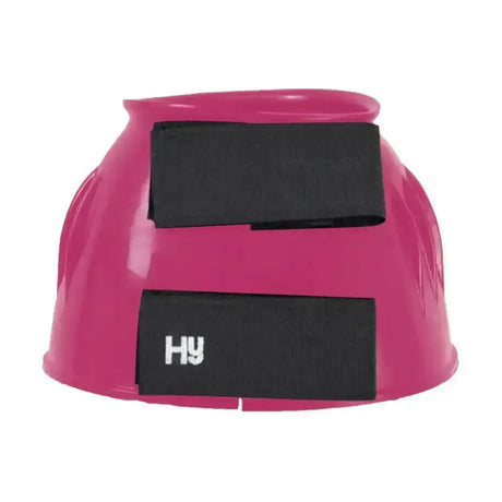 Vibrant pink plastic hy equestrian reach boots with black velcro straps for horses hoof protection