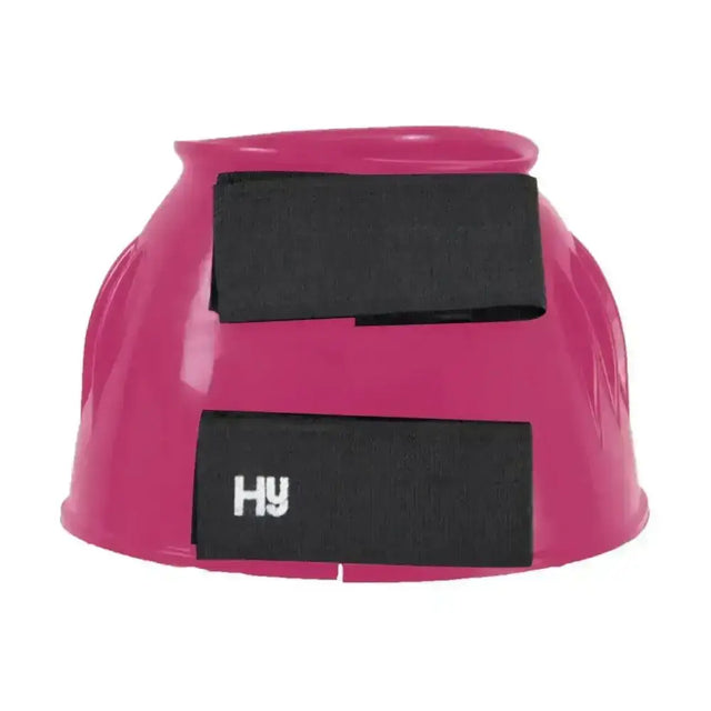 Vibrant pink plastic hy equestrian reach boots with black velcro straps for horses hoof protection