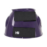 Purple hy equestrian over reach horse boots with black straps and white logo for equestrian use