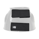 White plastic hy equestrian over reach boots with black velcro straps for horses hoof protection