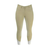 Beige hy equestrian oxburgh breeches with white cuffs and subtle stitching featuring alos leather seat for riding