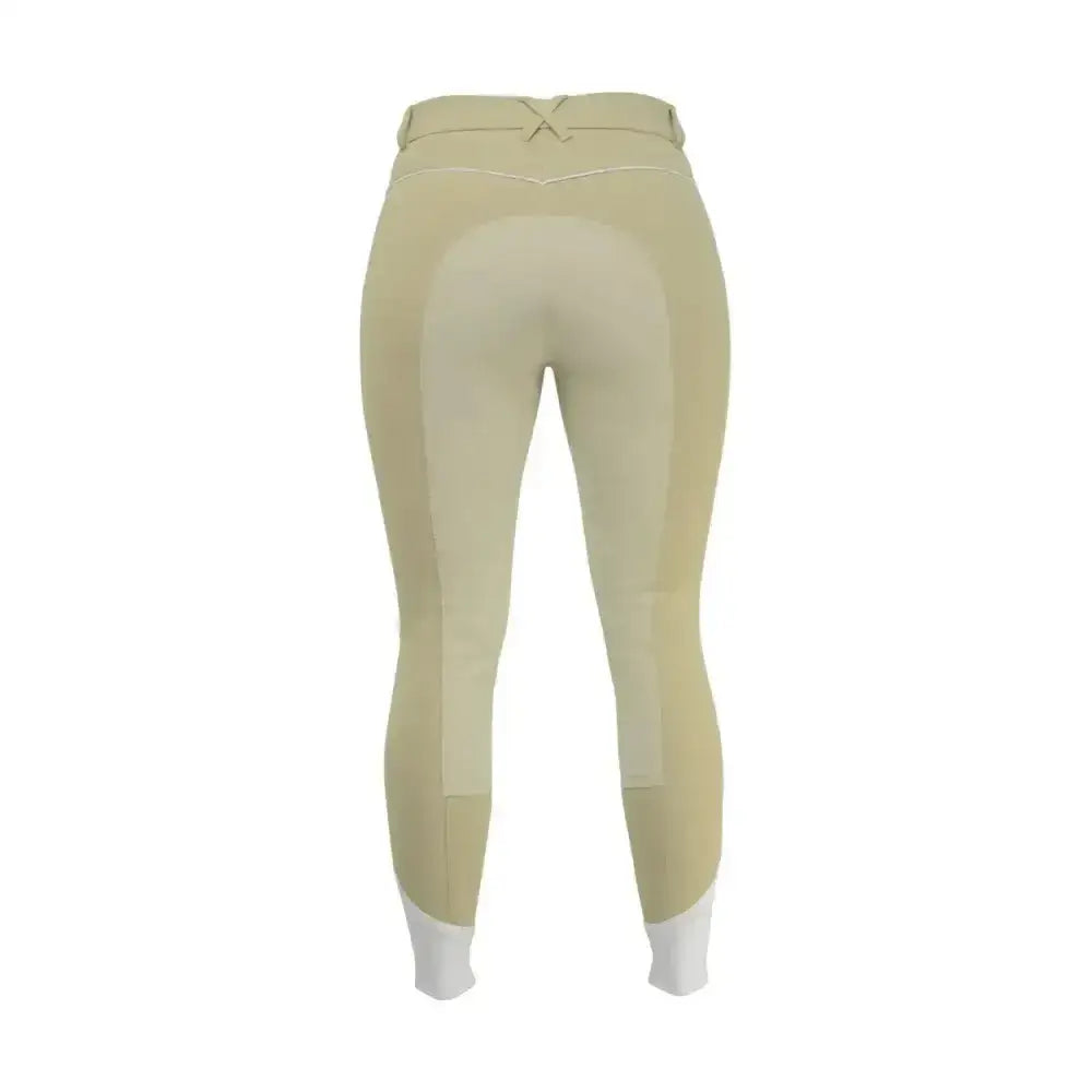 Beige hy equestrian oxburgh breeches with white ankle cuffs x-shaped belt and alos leather seat detail