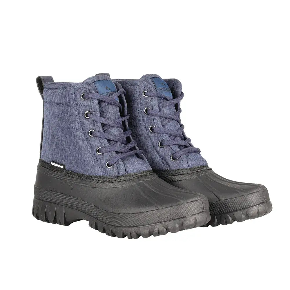 Blue denim-textured equestrian oxspring oxspring waterproof muck lace-up boots with black rubber sole and toe cap