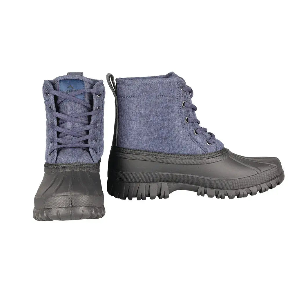 Blue canvas lace-up waterproof muck boots with black rubber sole and toe cap from hy equestrian oxspring range