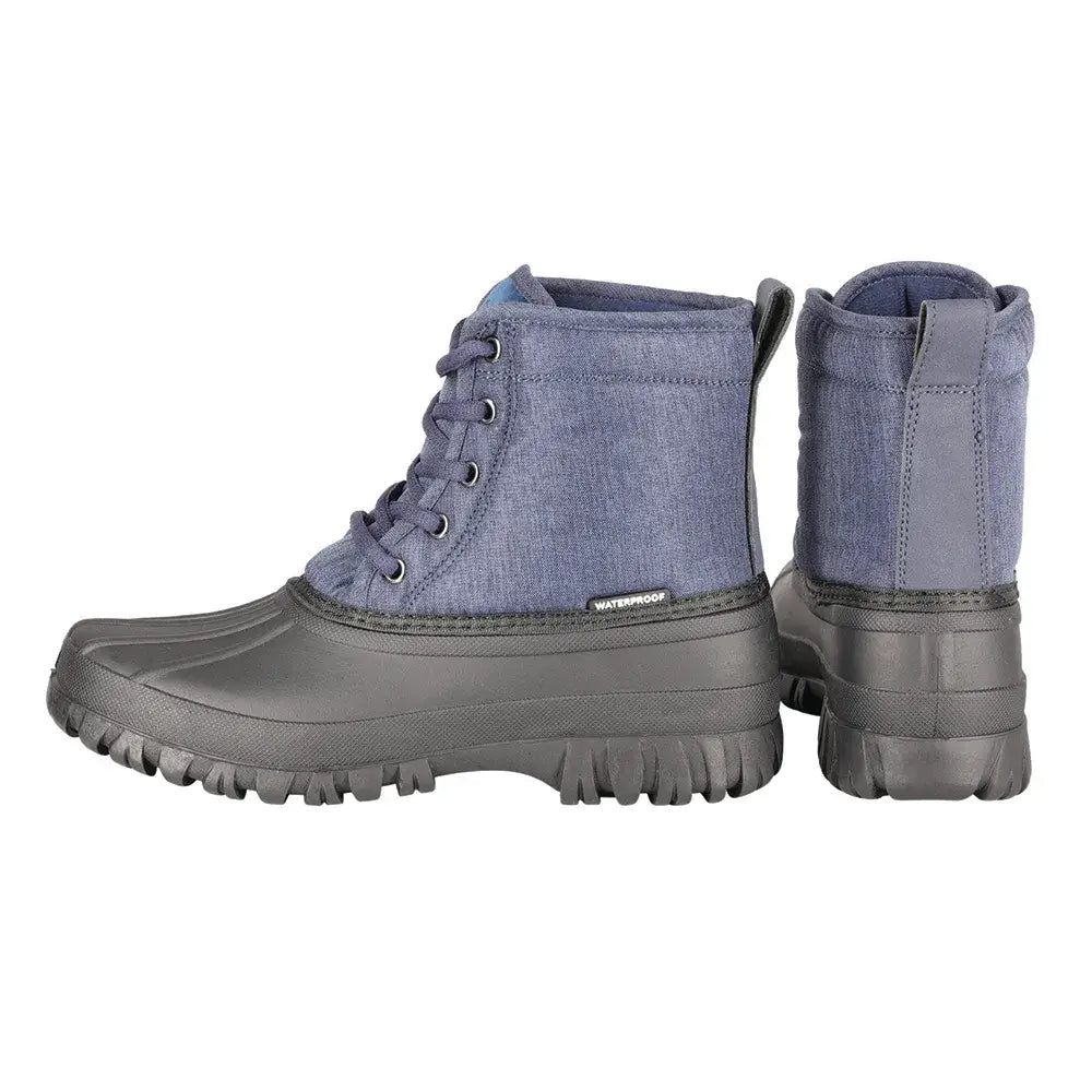 Blue denim oxspring waterproof muck boots with dark gray rubber sole and toe cap perfect for equestrian use