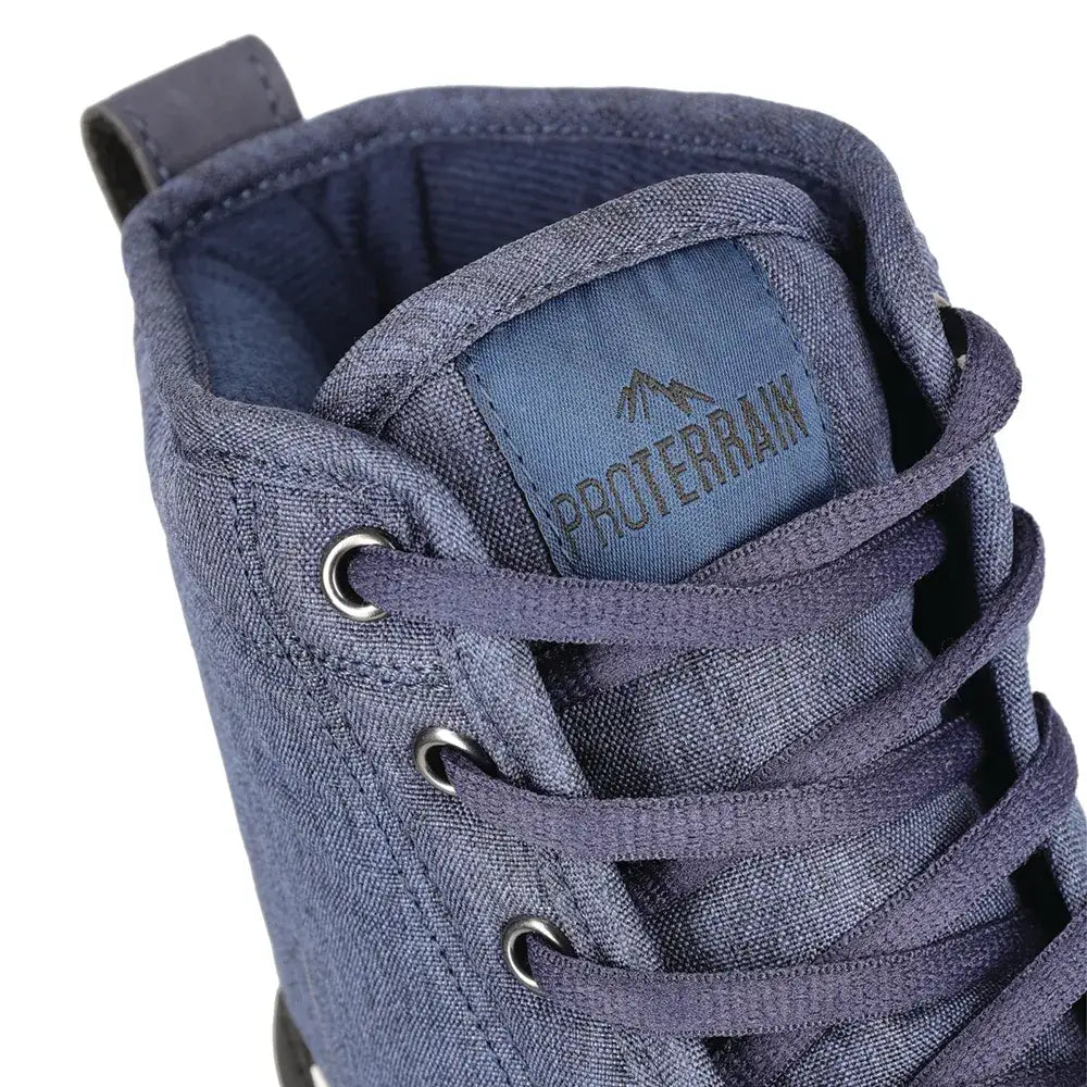 Dark blue proterra high-top sneaker with textured fabric upper and matching laces in equestrian oxspring waterproof muck boots style
