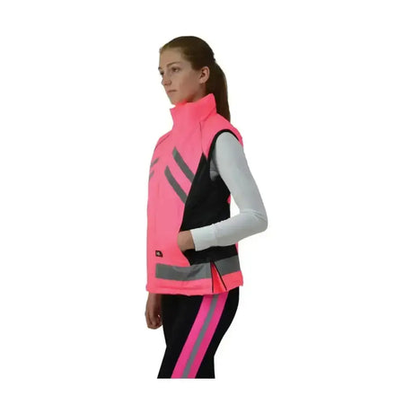 A bright pink and black equestrian padded gilet from the reflector range boasts gray stripes and a handy zip pocket