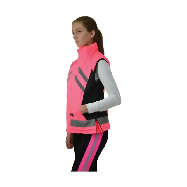 A bright pink and black equestrian padded gilet from the reflector range boasts gray stripes and a handy zip pocket