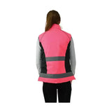 The back of a bright pink hy equestrian padded gilet with black panels, reflector range boasts two horizontal stripes and a handy zip pocket