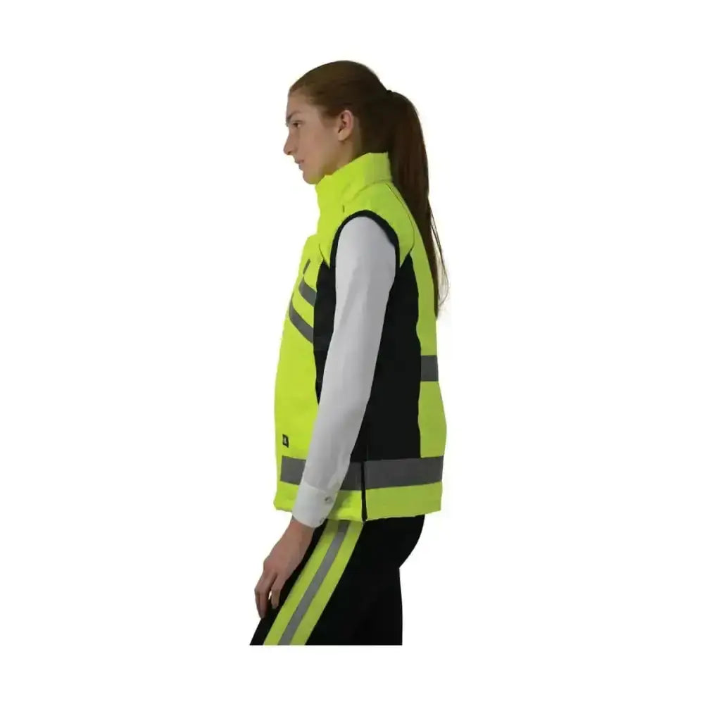 High-visibility neon yellow equestrian padded gilet with black panels reflective gray stripes and handy zip pocket from reflector range boasts
