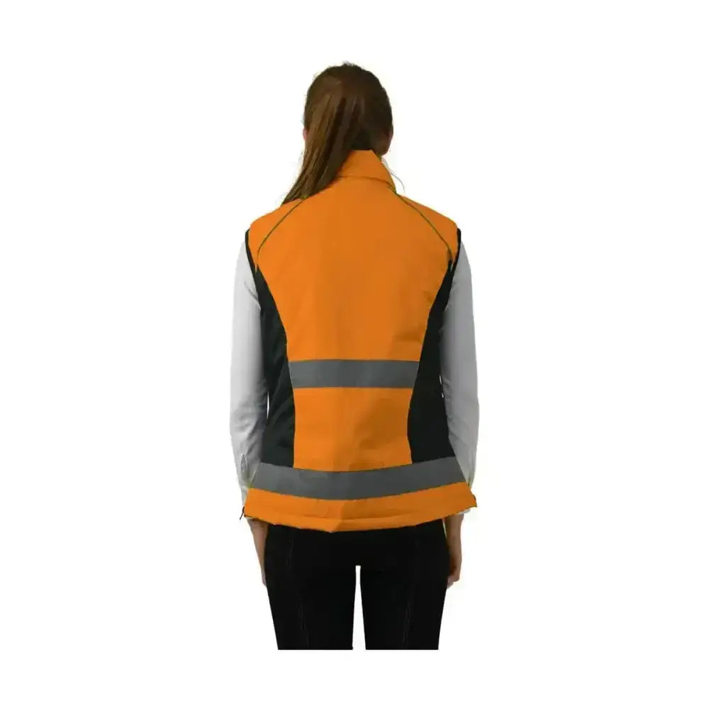 Orange and black equestrian padded gilet with reflective gray stripes and handy zip pocket from reflector range boasts