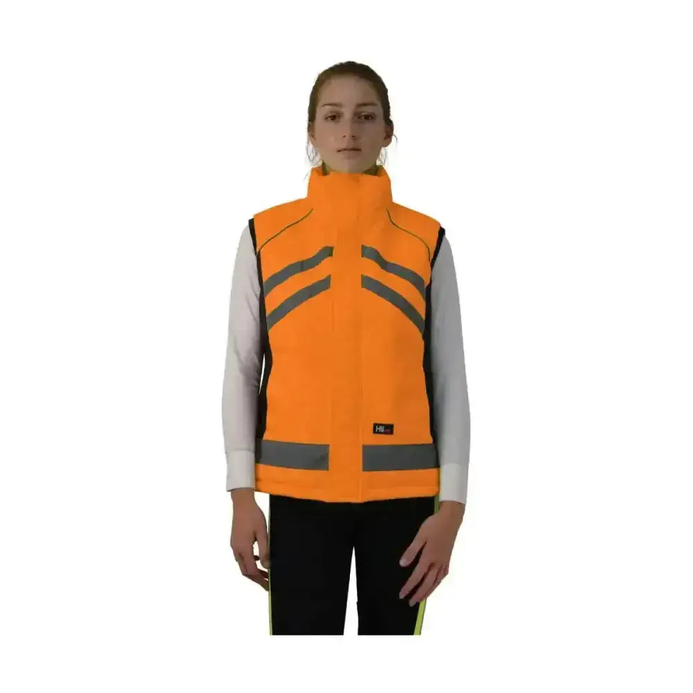 Bright orange equestrian padded gilet with reflective gray stripes from reflector range boasts handy zip pocket