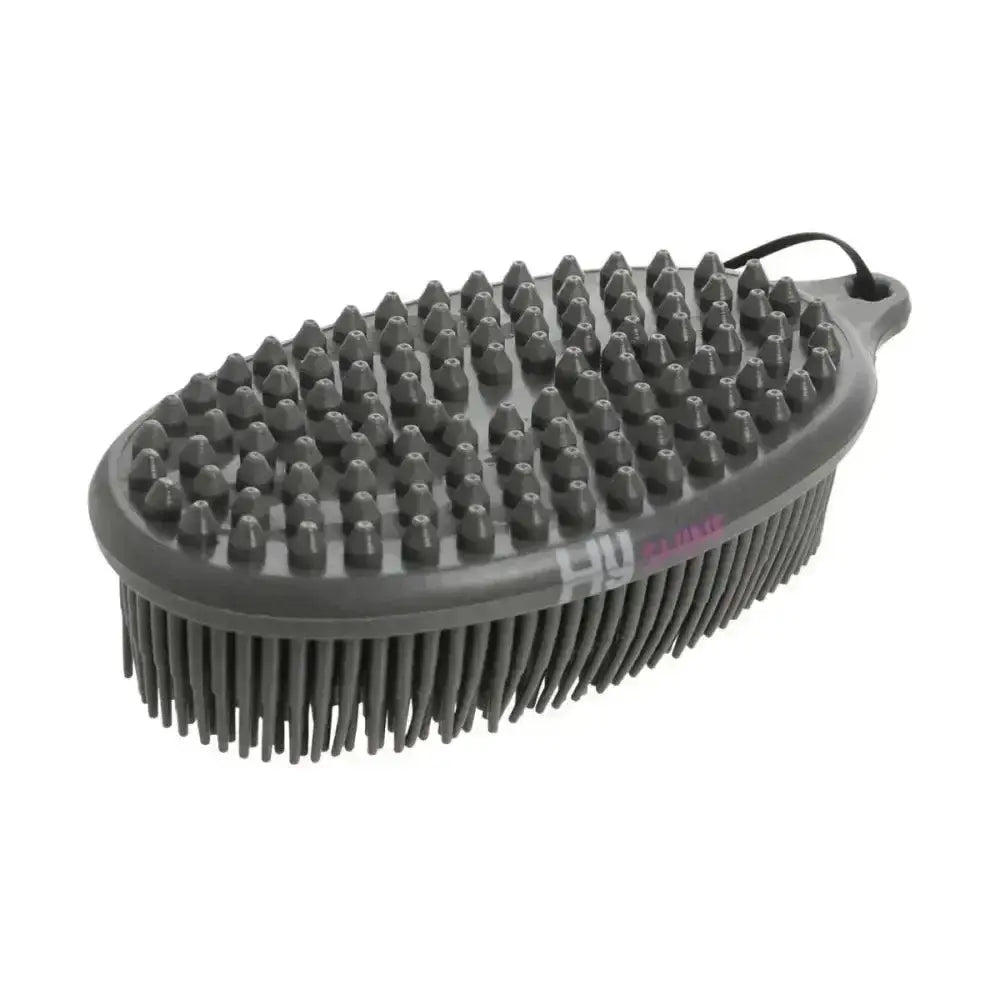 Dark gray hy equestrian pebble brush with rounded nubs and bristles is a two-in-one grooming tool to effectively remove dirt