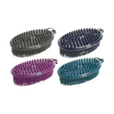 Four oval-shaped multi-colored equestrian pebble brushes with dense bristles and handle loops to effectively remove dirt