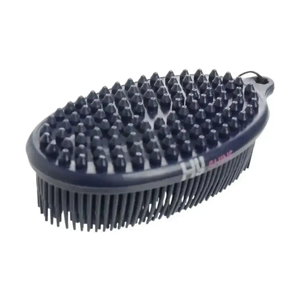 Black plastic equestrian pebble brush with dense conical bristles and handle loop effectively removes dirt