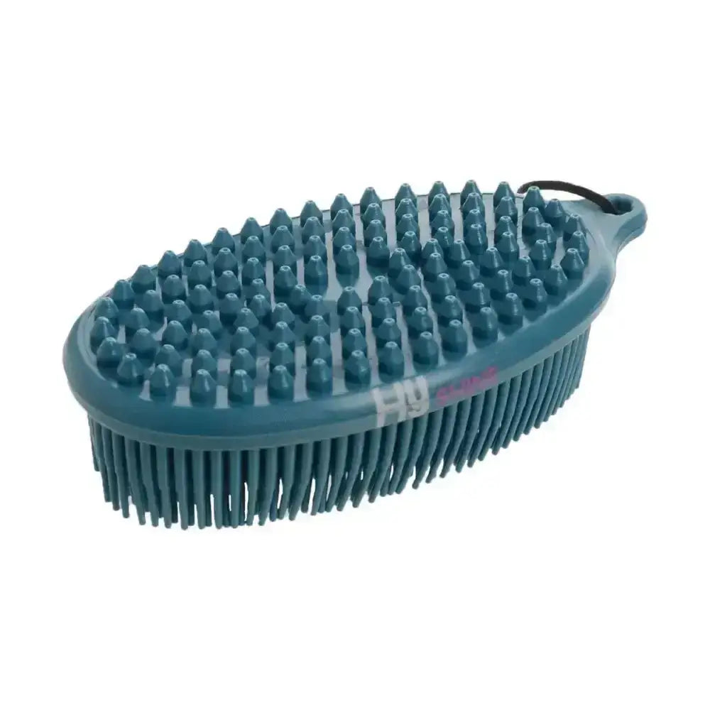 Teal equestrian pebble brush with oval shape and dense bristles is a two-in-one grooming tool to effectively remove dirt