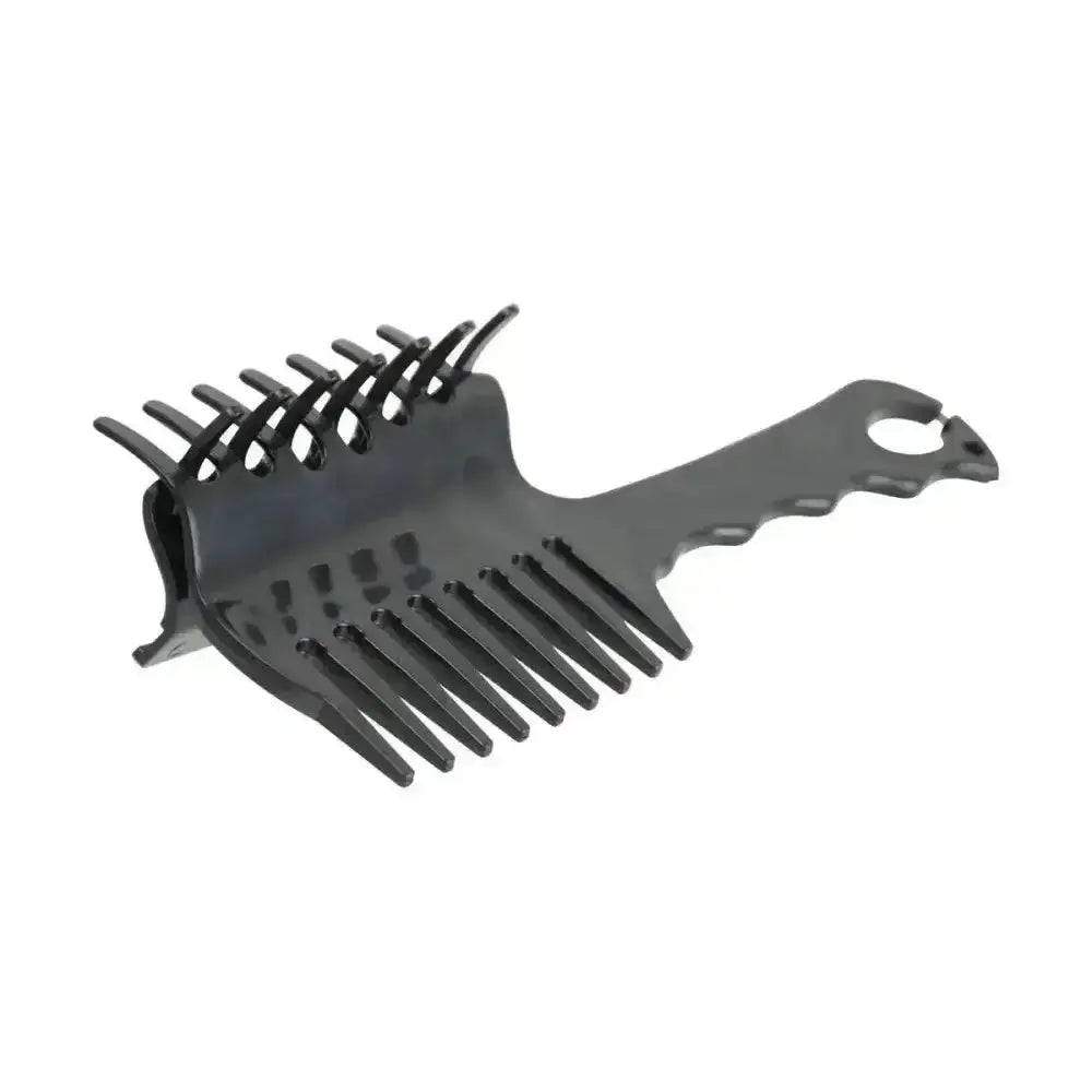 Black plastic dual-sided hair comb with wide and narrow teeth for perfectly neat plaits and mane sections by hy equestrian perfect plaits