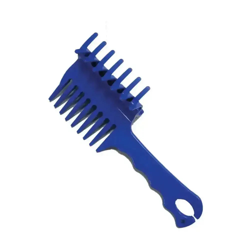 Blue plastic comb with handle and multiple rows of teeth for equestrian perfect plaits and neat mane sections