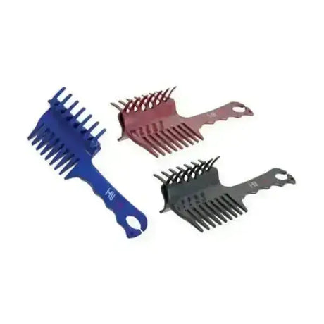 Three plastic hair combs in blue maroon and black with ergonomic handles for equestrian perfect plaits and mane sections
