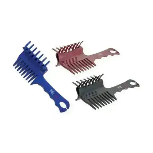 Three plastic hair combs in blue maroon and black with ergonomic handles for equestrian perfect plaits and mane sections