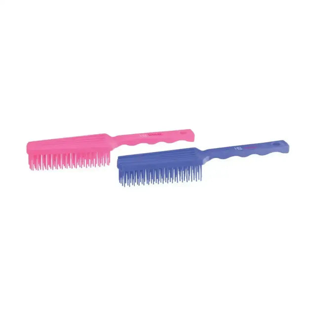 Pink and blue plastic horse brushes with textured handles for tangle free mane from hy equestrian perfect tails