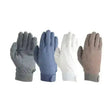 Four pairs of hy equestrian pimple riding gloves in gray blue white and tan with textured fabric and elastic cuffs