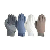 Four pairs of hy equestrian pimple riding gloves in gray blue white and tan with textured fabric and elasticated cuffs