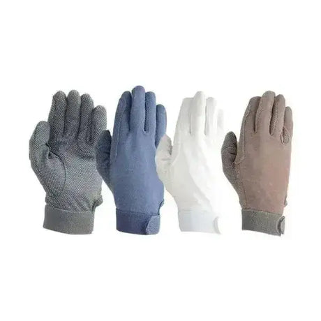 Four pairs of hy equestrian pimple riding gloves in gray blue white and tan with textured fabric and elasticated cuffs