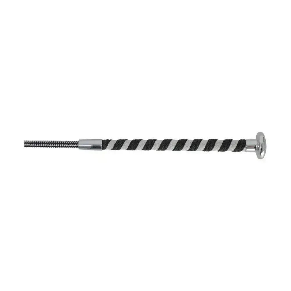 Hy equestrian pirouette schooling whip with black and silver stripes and chrome finished handle statement whip