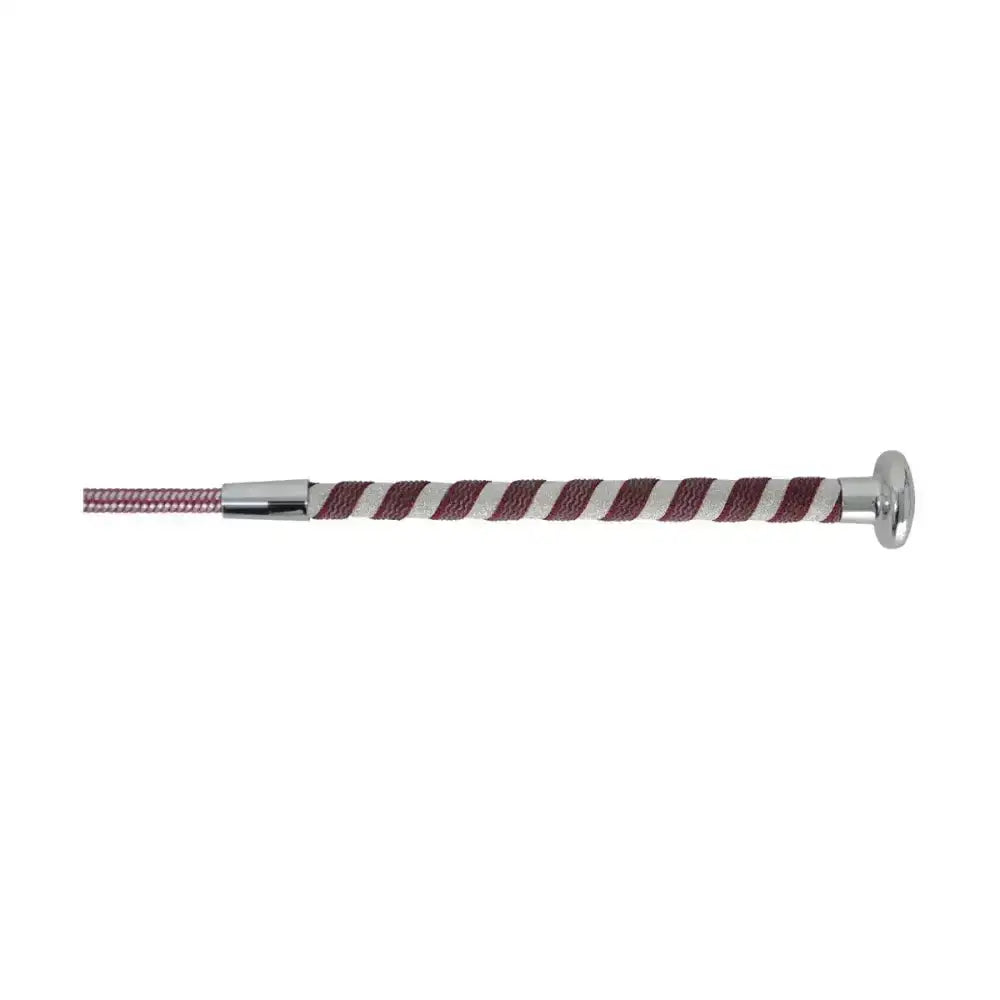 Maroon and silver striped equestrian pirouette schooling whip with polished chrome handle by hy equestrian