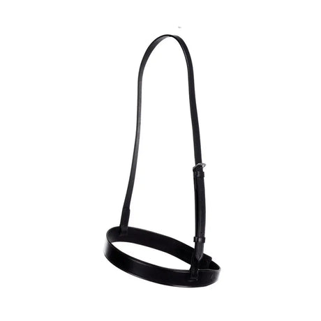 Black leather horse halter with smooth glossy finish and adjustable straps featuring a plain nose band by hy equestrian