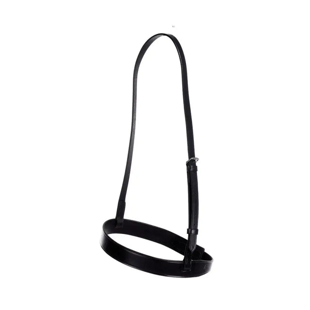 Black leather horse halter with smooth glossy finish and adjustable straps featuring a plain nose band by hy equestrian