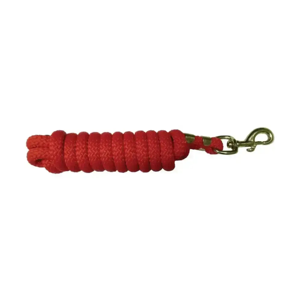 Red hy equestrian plaited lead rope with a quality brass-colored trigger clip and durable braided design