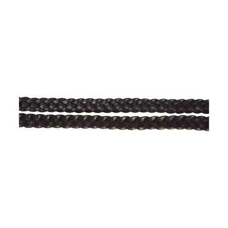 Black braided plaited reins with textured woven appearance and central buckle joining for equestrian use