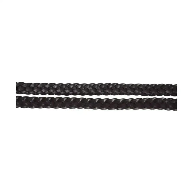 Black braided plaited reins with textured woven appearance and central buckle joining for equestrian use