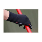 Black hy equestrian polartec glacial riding glove with red logo accents made from technical polartec material back view