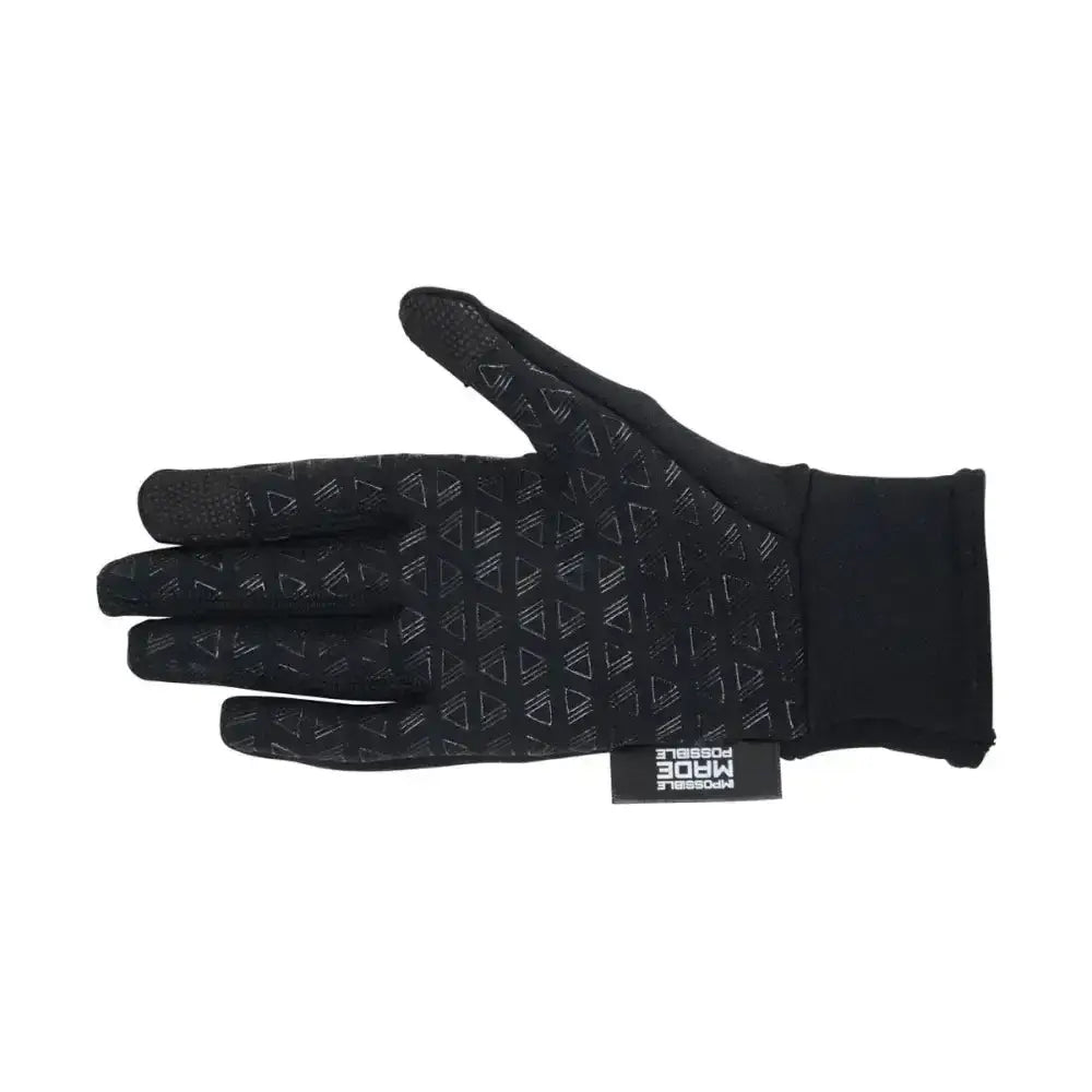 Black touchscreen glove with subtle geometric pattern and branded tag made from technical polartec glacial material