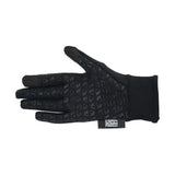 Black touchscreen glove with subtle geometric pattern and branded tag made from technical polartec glacial material