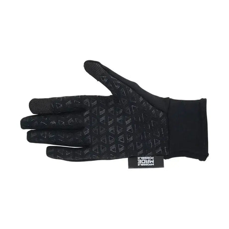 Black touchscreen glove with subtle geometric pattern and branded tag made from technical polartec glacial material