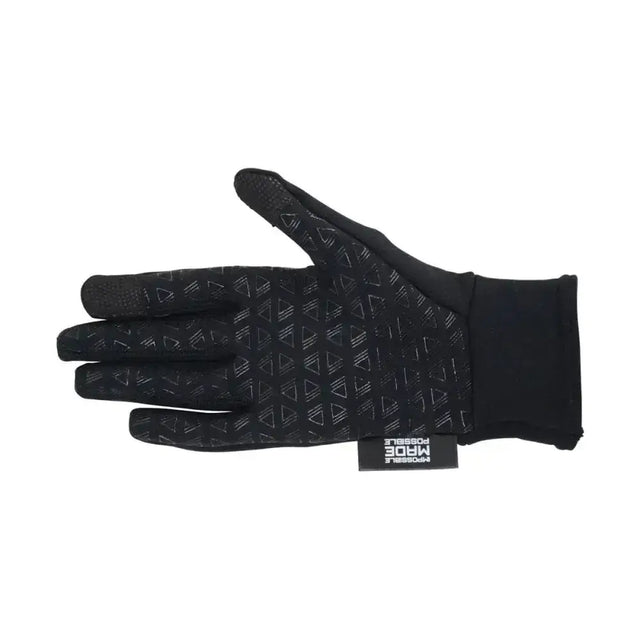Black touchscreen glove with subtle geometric pattern and branded tag made from technical polartec glacial material