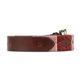 Hy equestrian polo belt made of premium brown leather with a woven pink red beige geometric design