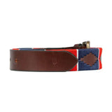 Brown leather dog collar with red white and blue fabric strap featuring embroidered diamond design from luxurious hy equestrian