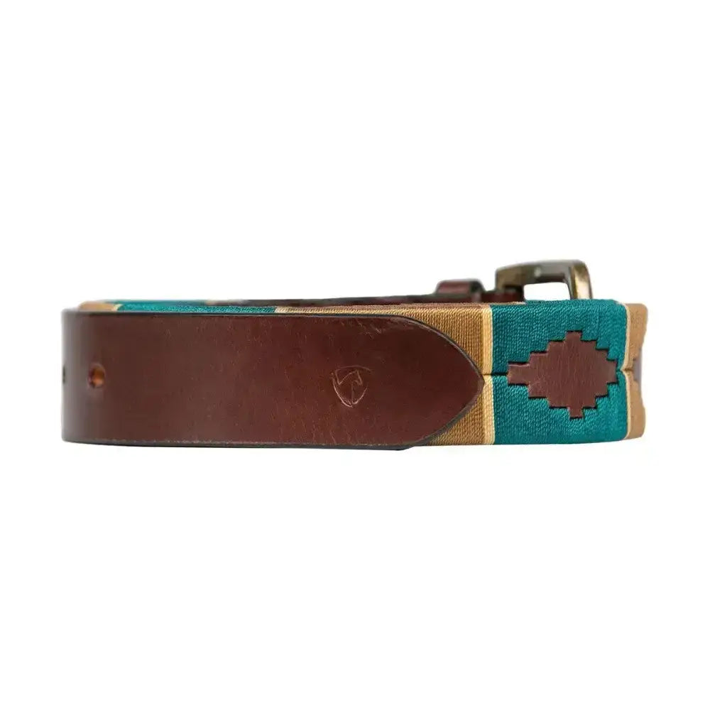 Teal and brown woven equestrian polo belt with geometric pattern and premium brown leather accents from luxurious hy equestrian