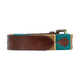 Teal and brown woven equestrian polo belt with geometric pattern and premium brown leather accents from luxurious hy equestrian
