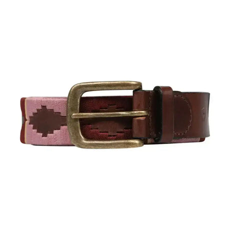 Pink and brown woven leather equestrian polo belt with brass buckle from luxurious hy equestrian collection