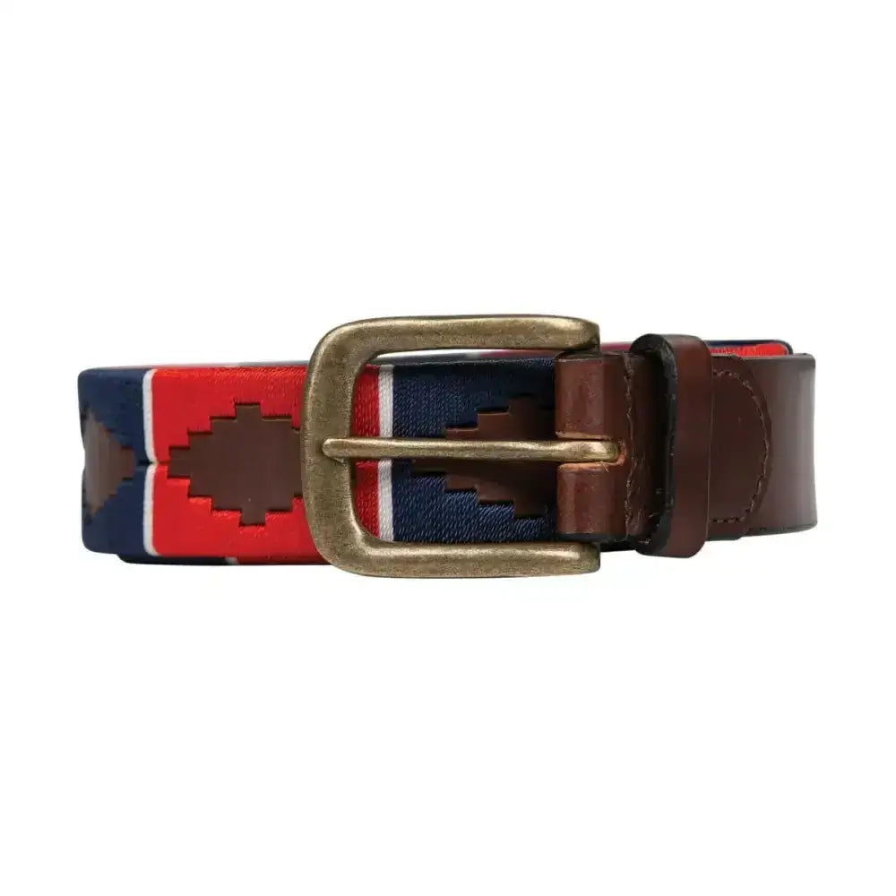 Red navy blue and white woven equestrian polo belt with premium brown leather tab and brass buckle from luxurious hy equestrian