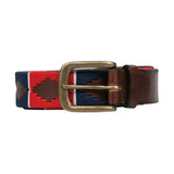 Red navy blue and white woven equestrian polo belt with premium brown leather tab and brass buckle from luxurious hy equestrian